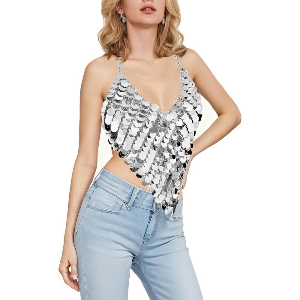 🆕Women Silver Sexy Glitter Sequin Halter Top Chainmail Shirt Sparkle Outfits